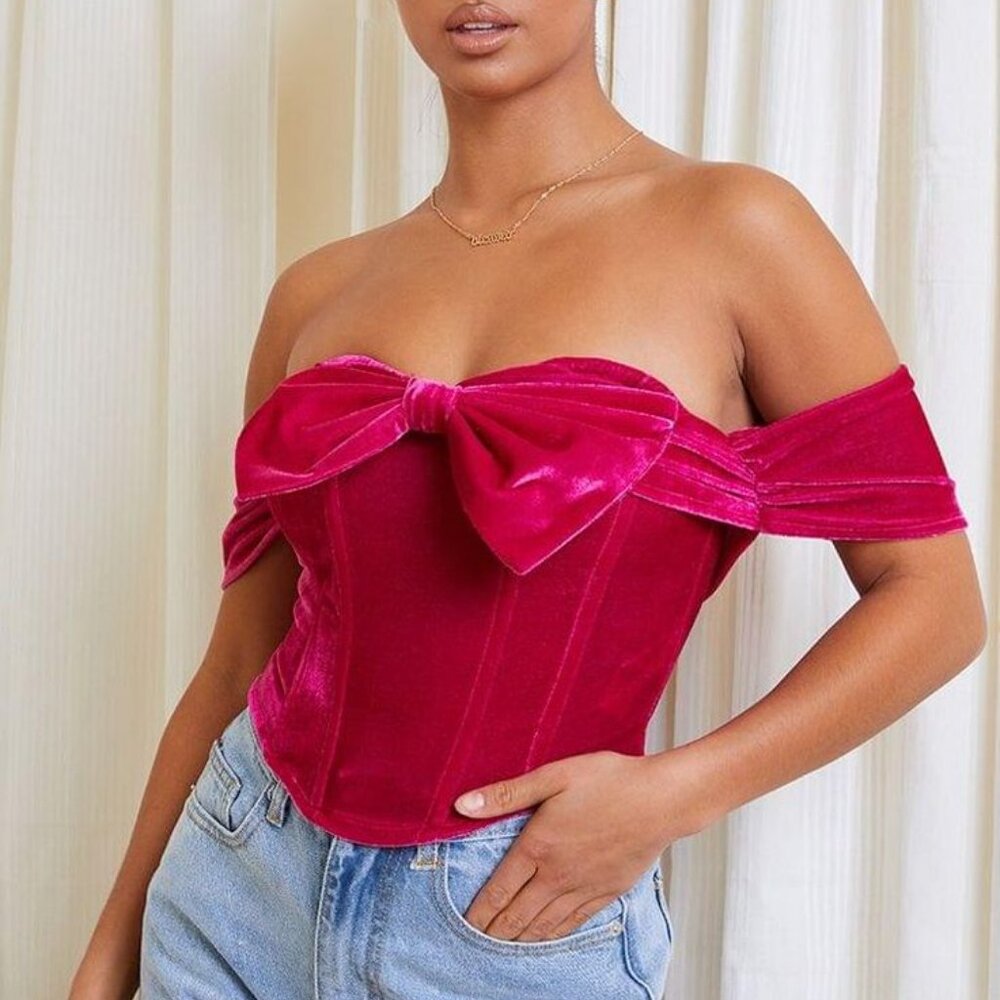 PrettyLittleThing Velvet Off-Shoulder Top in Fuchsia